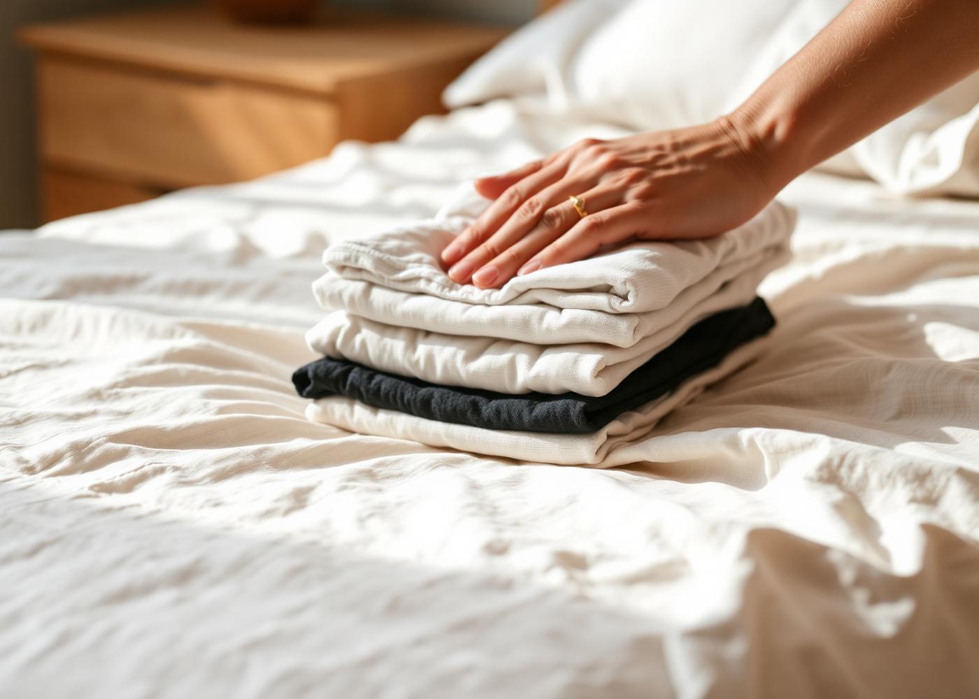 Unas manos doblan una pequeña pila de ropa sobre una cama de lino
